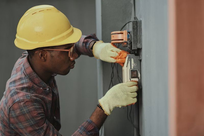 Licensed electrician working on residential electrical wiring and fixture setup.