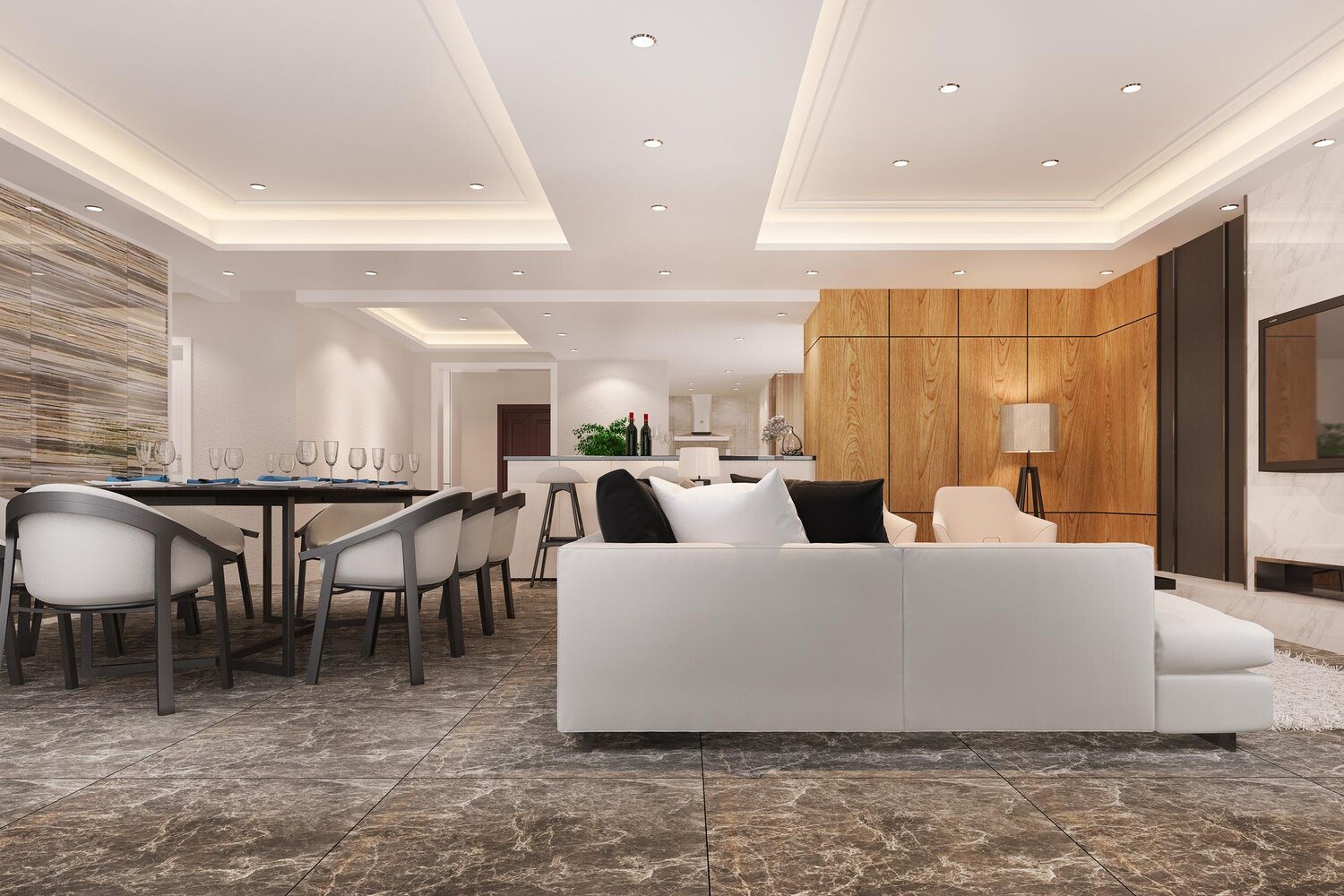 Commercial gypsum false ceiling installation in a modern office hall with recessed panel lights