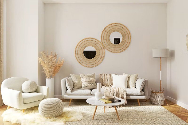 Luxurious living room interior featuring custom modern gypsum false ceiling and decorative lighting fixtures.